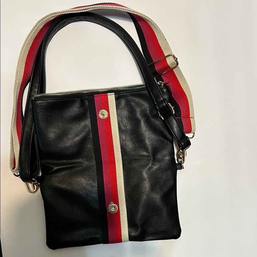 Stylish Black Crossbody Bag with Red and Cream Stripes